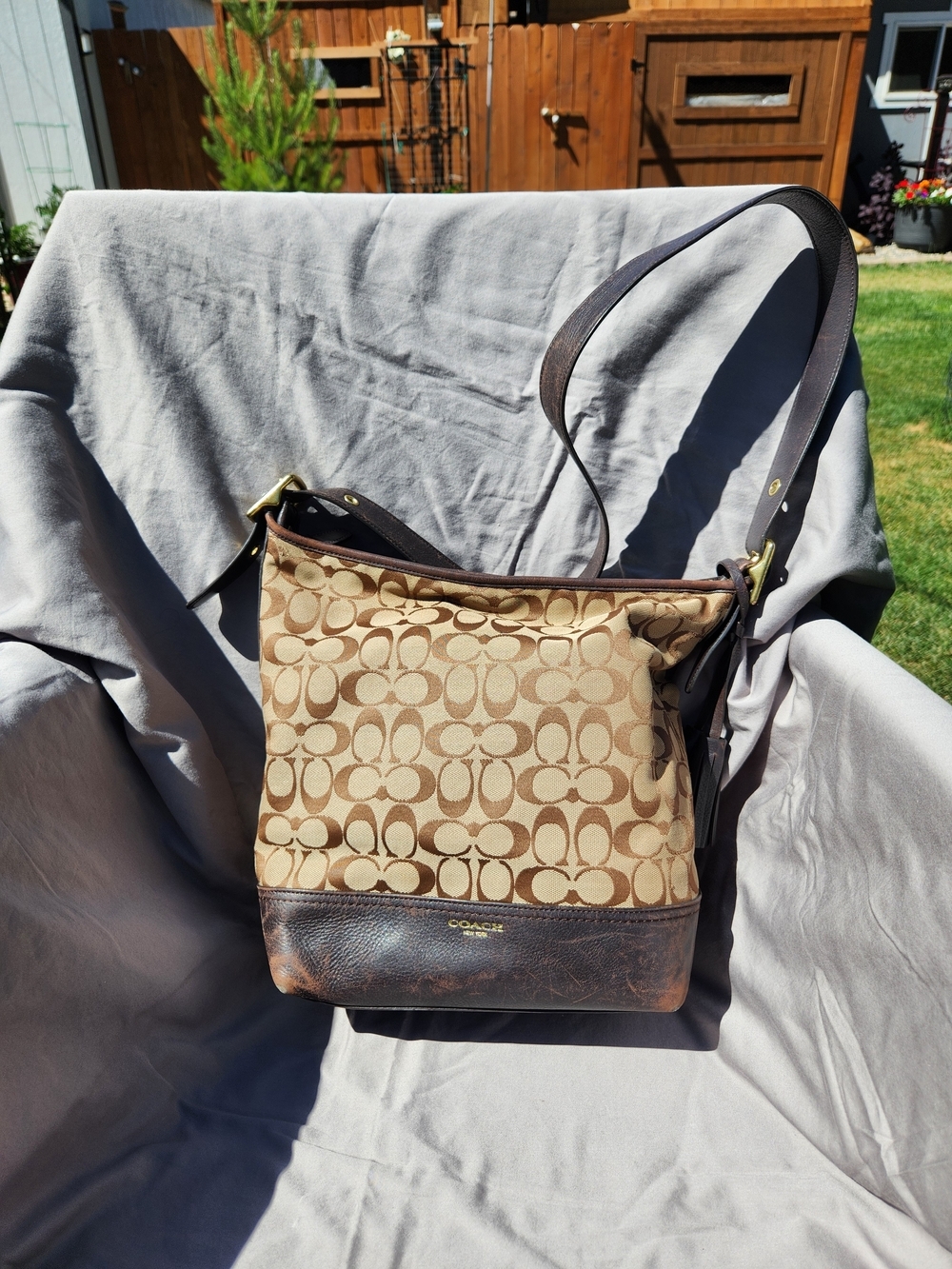 Coach Signature Jacquard and Leather Shoulder Bag in Brown - Picture 2 of 15